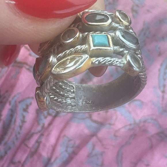 925 Sterling silver multi gemstone turquoise topaz and aquamarine  vintage ring - Picture 8 of 10